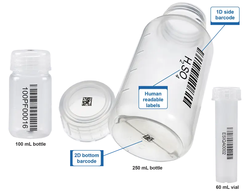 1D and 2D Barcodes Permanently Marked Into Inert PFA